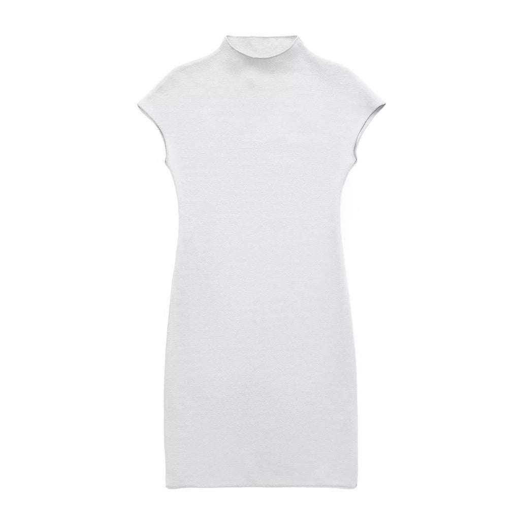 Women Fashion Stretch Knit Mini Dress Vintage High Neck Sleeveless Female Dresses Vestidos Mujer