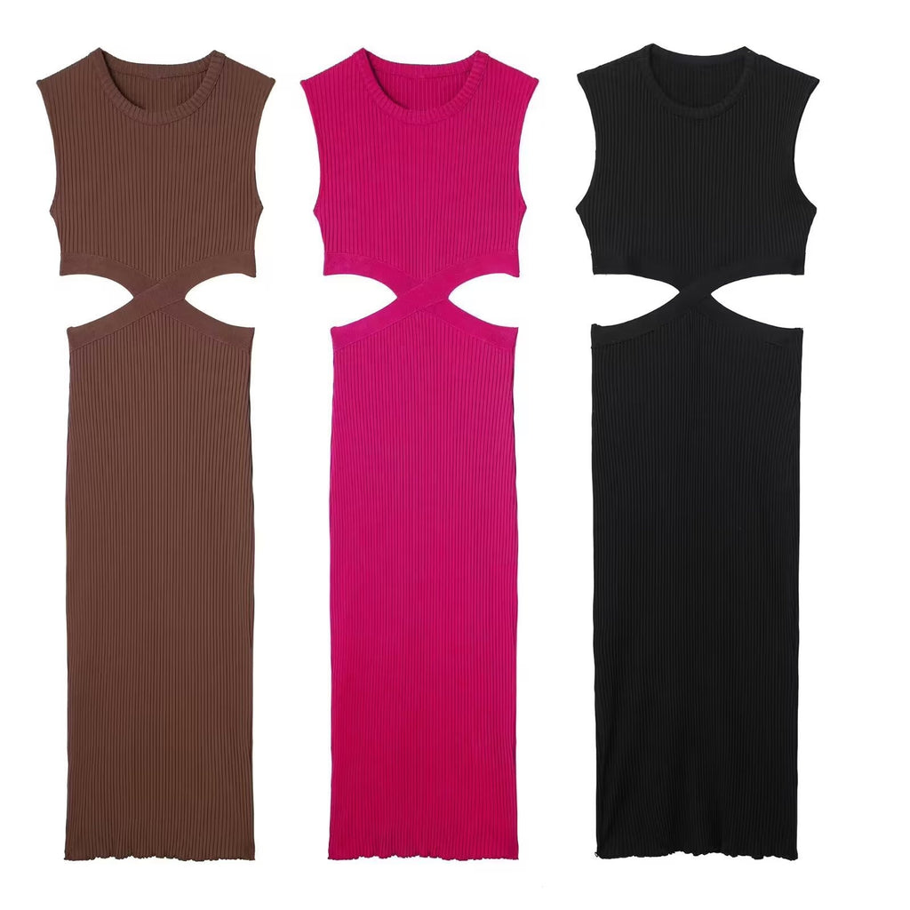 Waist Cut Out Knit Long Dress O Neck Sleeveless Female High Quality Chic Sexy Vestidos