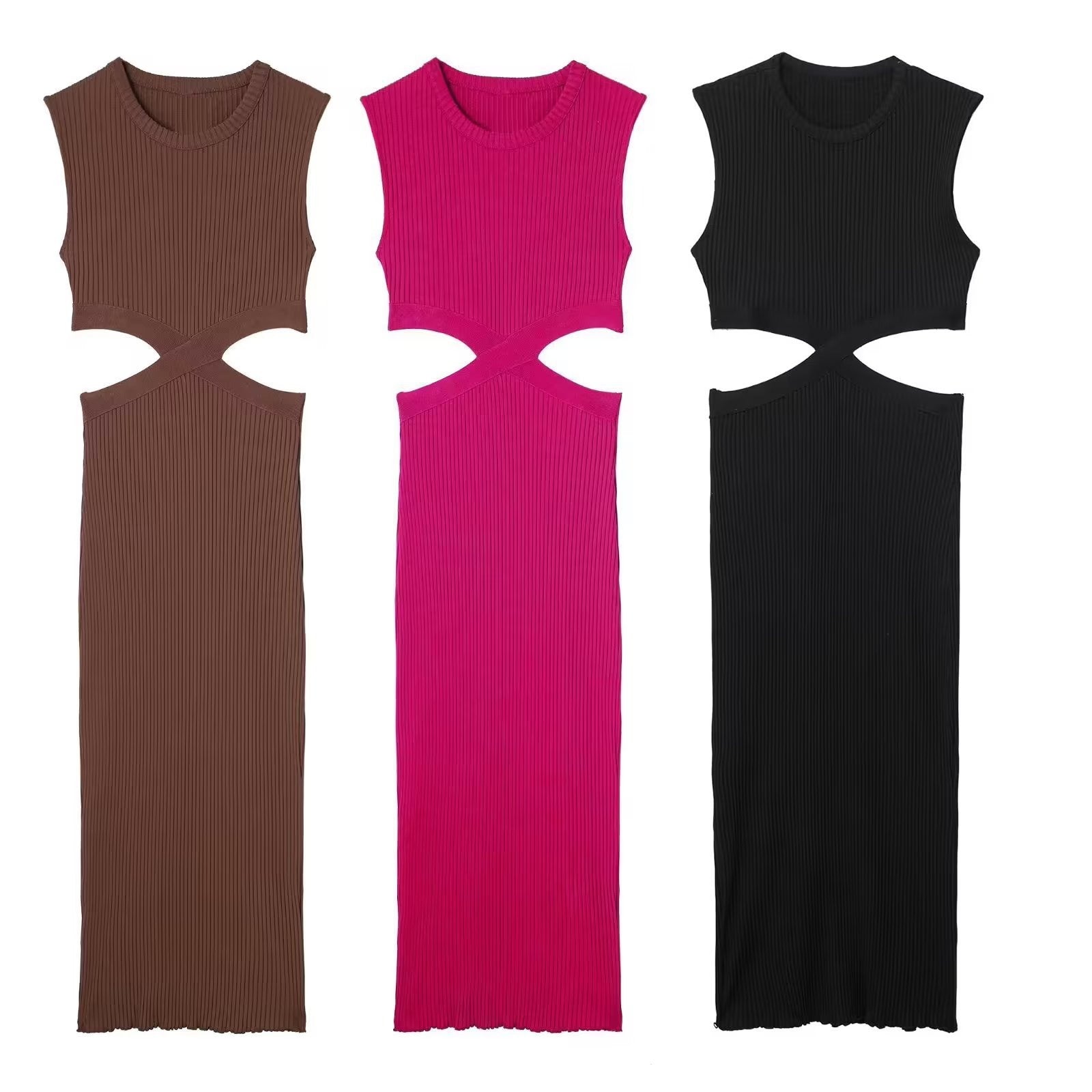 Waist Cut Out Knit Long Dress O Neck Sleeveless Female High Quality Chic Sexy Vestidos