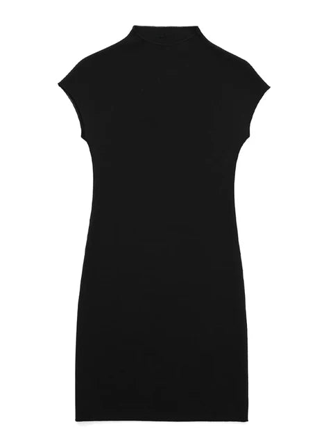 Women Fashion Stretch Knit Mini Dress Vintage High Neck Sleeveless Female Dresses Vestidos Mujer