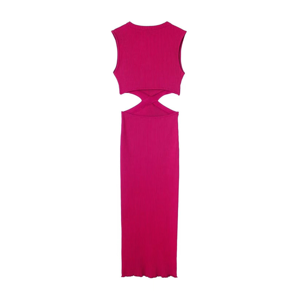 Waist Cut Out Knit Long Dress O Neck Sleeveless Female High Quality Chic Sexy Vestidos