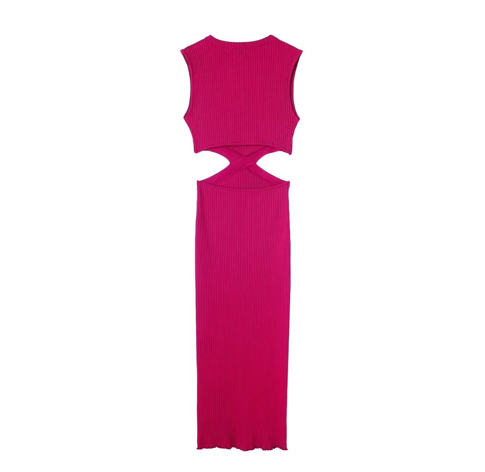 Waist Cut Out Knit Long Dress O Neck Sleeveless Female High Quality Chic Sexy Vestidos