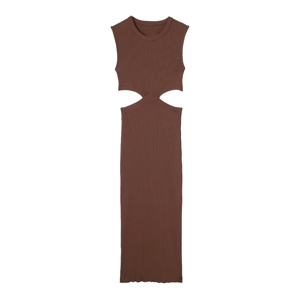 Waist Cut Out Knit Long Dress O Neck Sleeveless Female High Quality Chic Sexy Vestidos